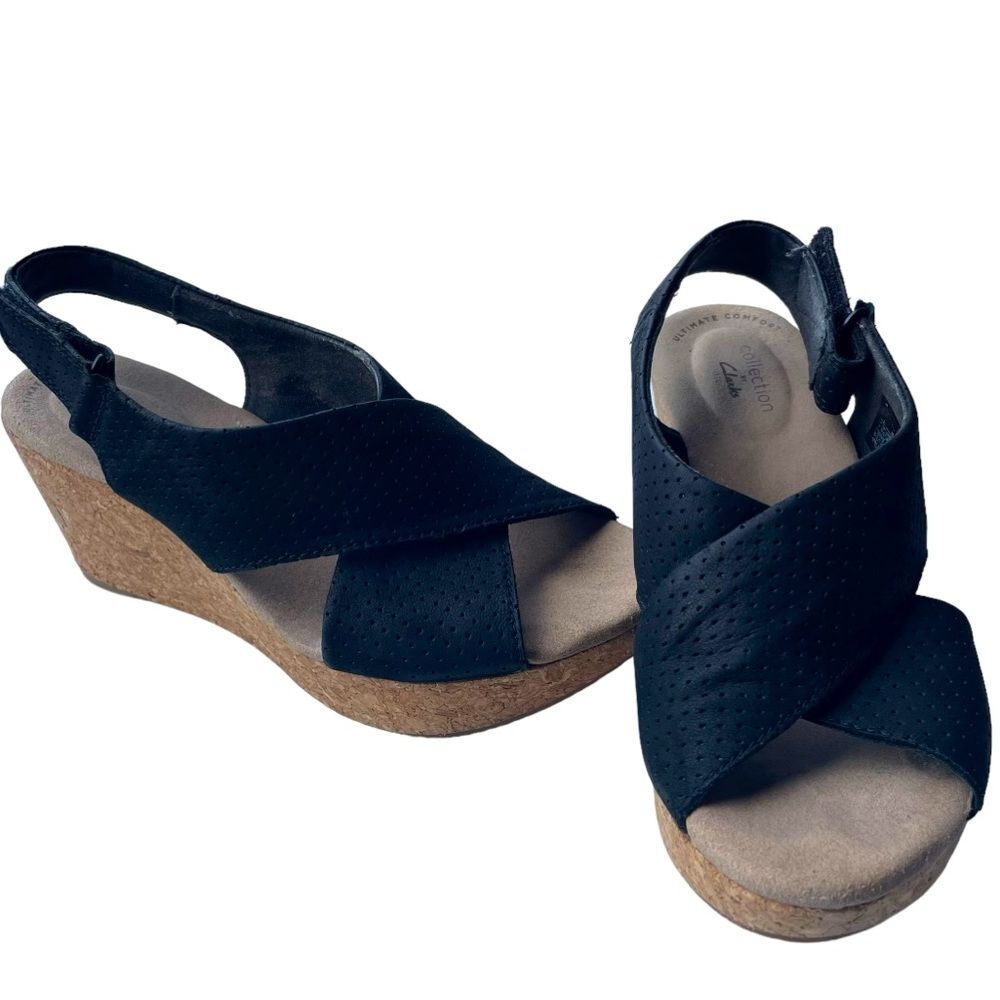 Clarks Women's Annadel Parker Leather Slingback Sandal Black Cork Size 7.5